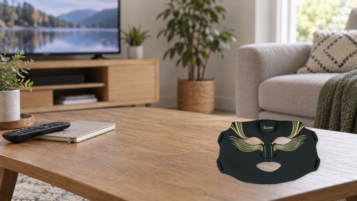Original unlit patterned mask resting on a coffee table beside a notebook.