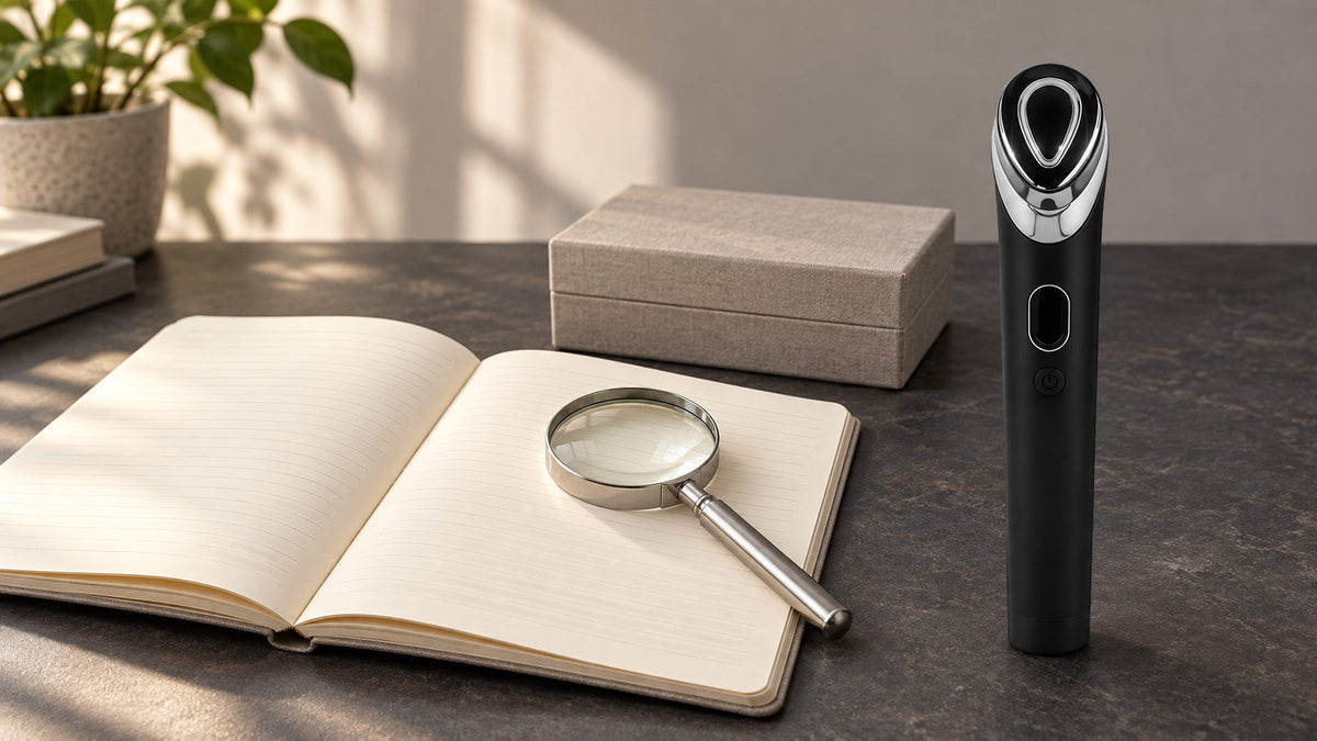 A blank device checklist and magnifying lens beside an unlit handheld facial tool.