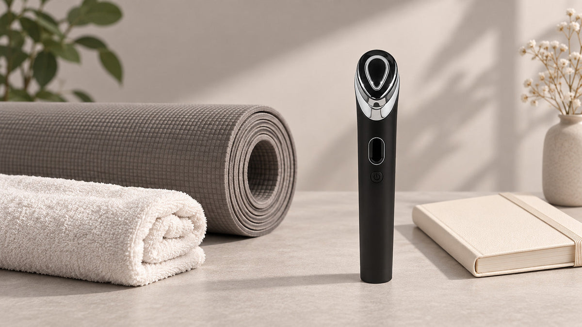 A rolled exercise mat and towel separated from an unlit facial device and notebook.