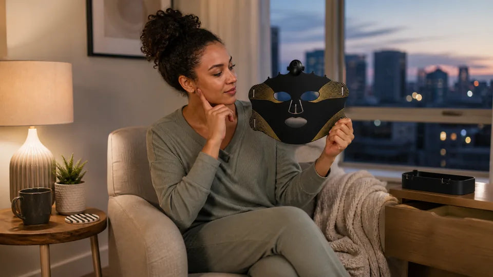 A South African woman fitting the VanqHeal Wireless Plus mask into an evening home routine