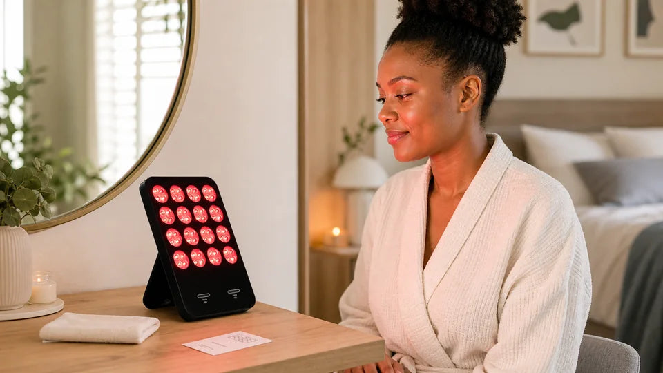 South African woman using a VanqHeal three-colour LED panel at a home vanity