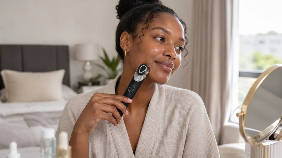 South African woman using a VanqHeal facial massager at a home vanity