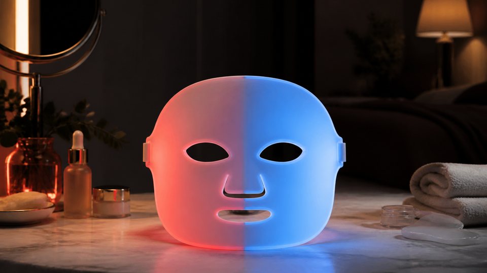Scientific split-light scene showing red and blue modes across an LED face mask