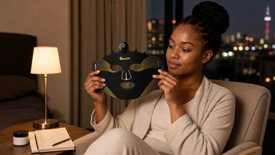 South African woman checking a VanqHeal Wireless Plus LED mask beside a weekly skincare planner