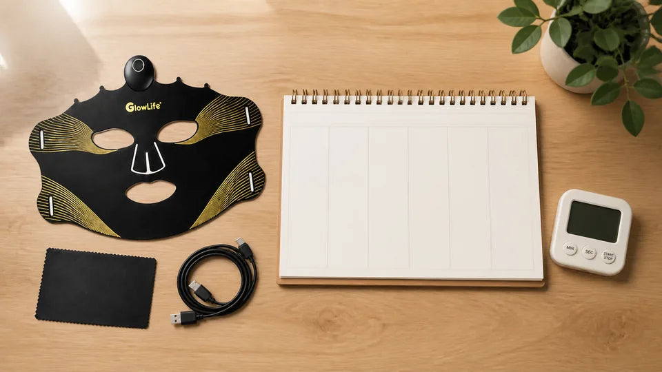 VanqHeal Wireless Plus LED mask beside a blank weekly planner and timer