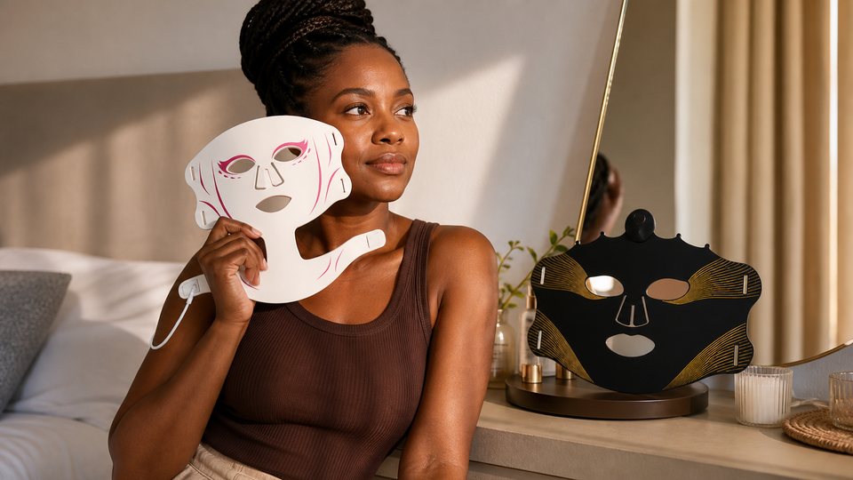 Woman comparing a white face-and-neck infrared mask with a black red-light face mask