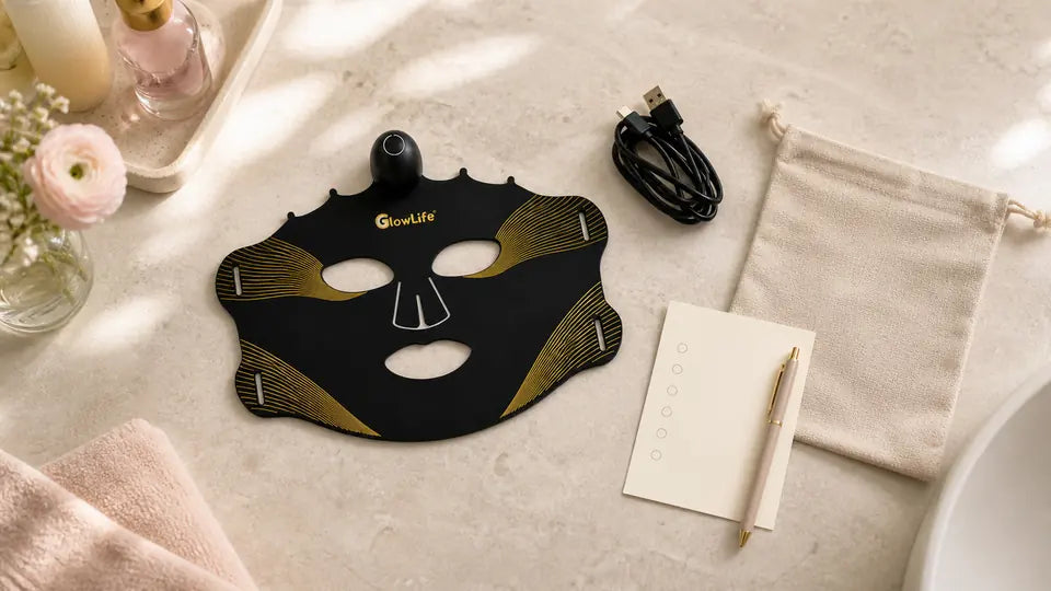 Black-and-gold Wireless Plus LED face mask with charging cable, storage pouch and buying checklist