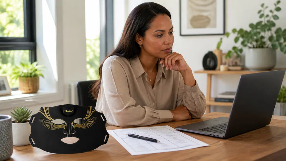 A South African shopper checking LED mask reviews beside the VanqHeal Diamond Edition mask