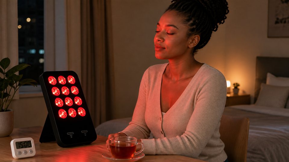 Woman using a compact tabletop red-light panel during an evening home routine