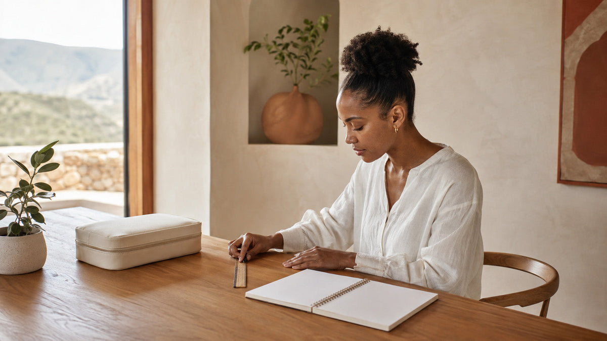 A woman considers tabletop space with a ruler, blank notebook and closed storage pouch in a bright home.