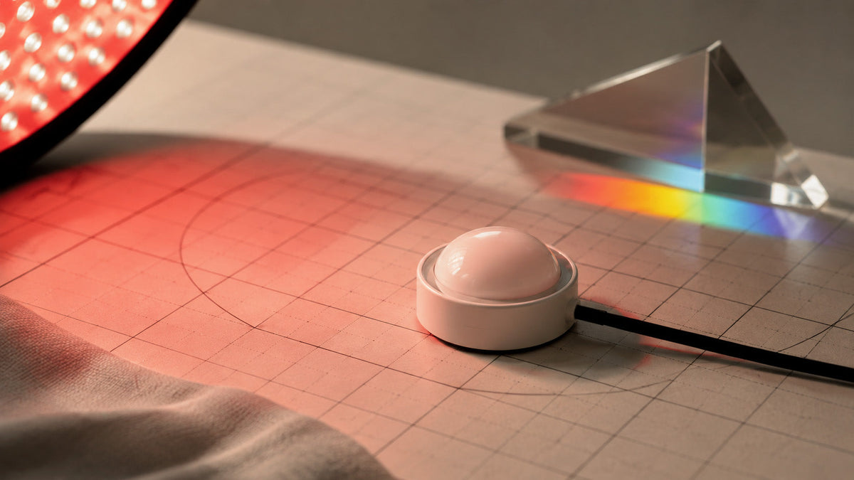 Conceptual optical sensor on a gridded surface under red light, with a glass prism in the background.