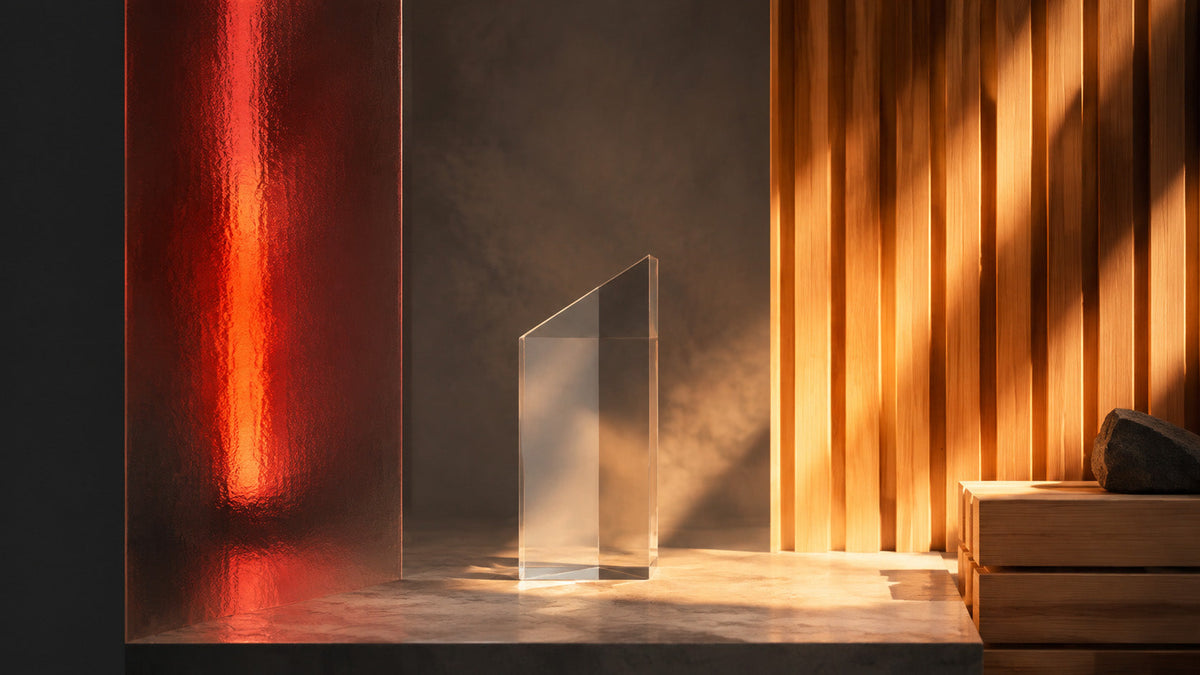 A clear glass prism stands between red-lit glass and warm timber slats in an abstract studio scene.