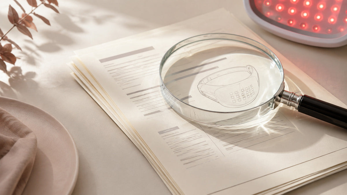 Magnifying glass over anonymous device papers beside a softly glowing red LED light.