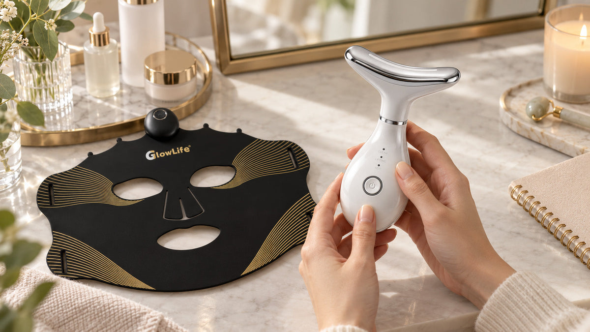 Hands holding a Micro Glow device beside a Wireless Plus LED mask on a dressing table.