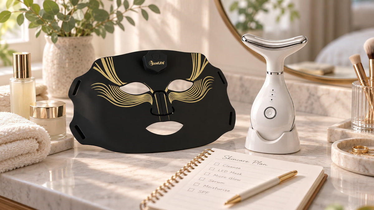 Diamond Edition LED face mask and Micro Glow handheld device beside a skincare planning notebook.