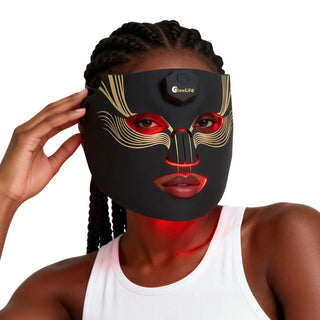 Close-up of the soft silicone Diamond Edition mask with illuminated LEDs