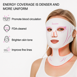 Face and neck LED mask worn by model showing uniform energy coverage for at-home skincare