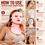 VanqHeal face and neck LED mask instruction graphic showing five steps from skin preparation and fitting to selecting a mode.