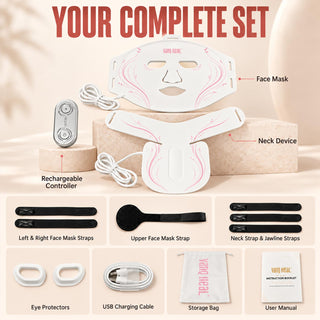 VanqHeal LED set layout labelling face mask, neck device, controller, straps, eye protectors, cables, bag and manual.