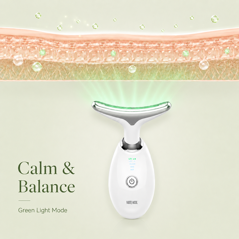 VanqHeal green light facial wand mode for calm balanced-looking and even-looking skin
