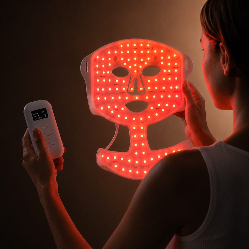 Close-up VanqHeal skincare scene with a red-lit LED face and neck mask showing dense diode coverage