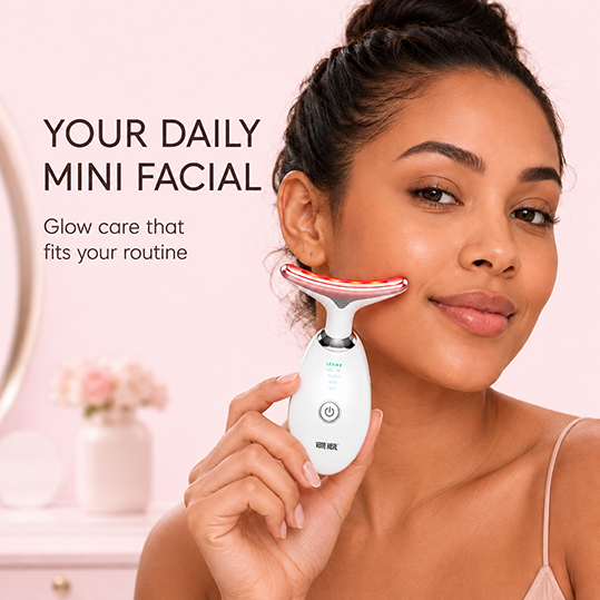 Daily mini facial scene with VanqHeal sculpting wand gliding along cheek for at-home skincare