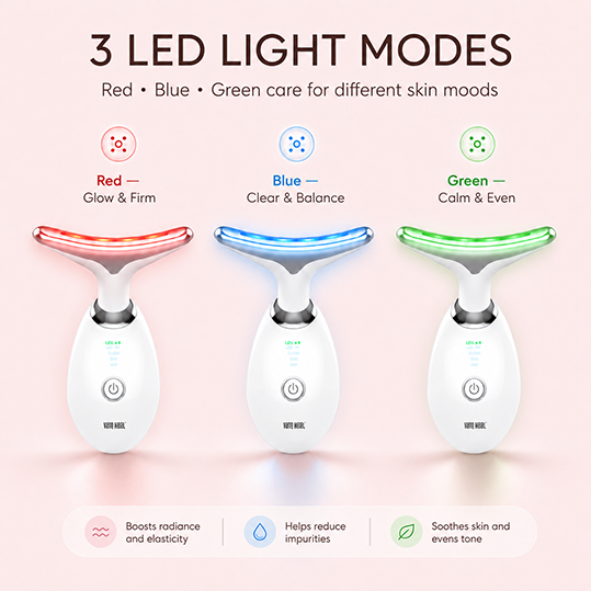 3-color LED facial massager with red blue and green light modes for glow balance and calm care