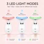 3-color LED facial massager with red blue and green light modes for glow balance and calm care