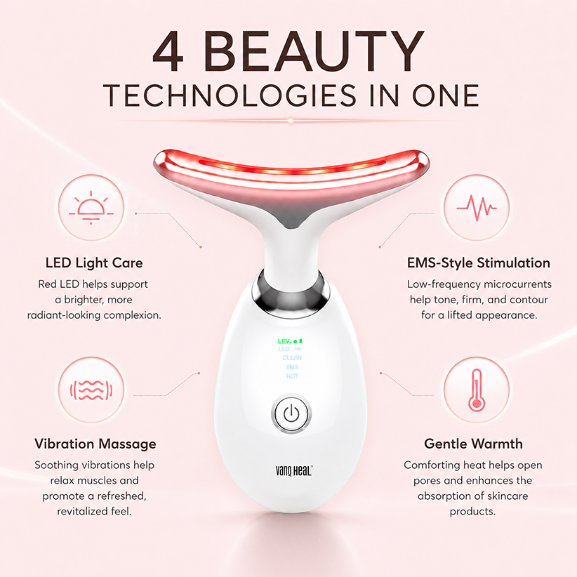 Facial sculpting wand combining LED light care, EMS-style stimulation, vibration and gentle warmth