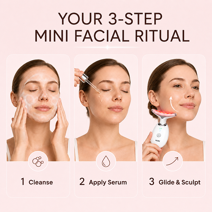 3-step mini facial ritual showing cleanse, apply serum and glide sculpt with LED facial wand