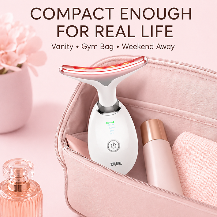 Compact LED facial wand stored in makeup bag for vanity, gym bag and weekend travel use