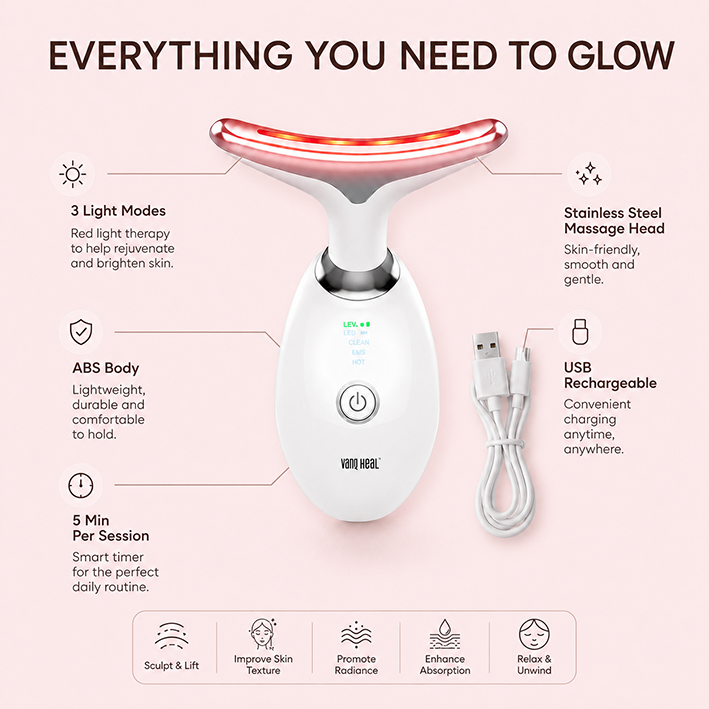 VanqHeal facial sculpting device with USB cable, ABS body, stainless massage head and 3 light modes