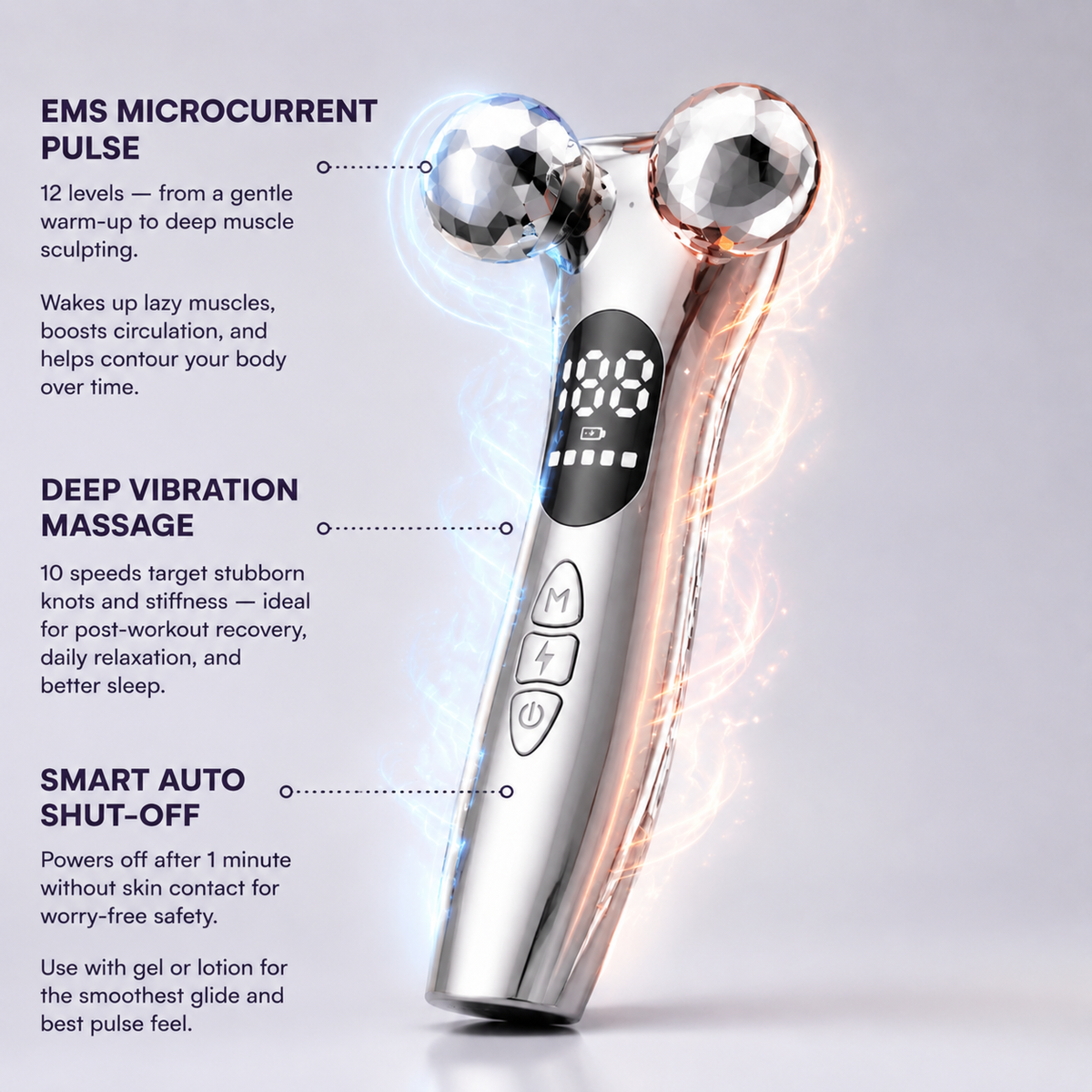 4D electric pulse massage roller with EMS microcurrent pulse and deep vibration modes