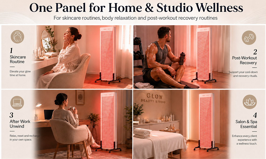 At-home LED light therapy panel for 10 to 20 minute daily wellness routines