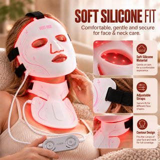 Woman wearing the VanqHeal face and neck LED mask set, with close-up details of the flexible silicone fit and mask contours.