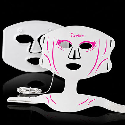 VanqHeal face and neck LED mask set on black background with straps, cable and flexible silicone design