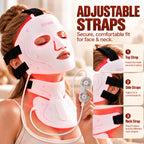 VanqHeal face and neck LED mask strap guide showing the top, side and neck straps for adjusting the fit.