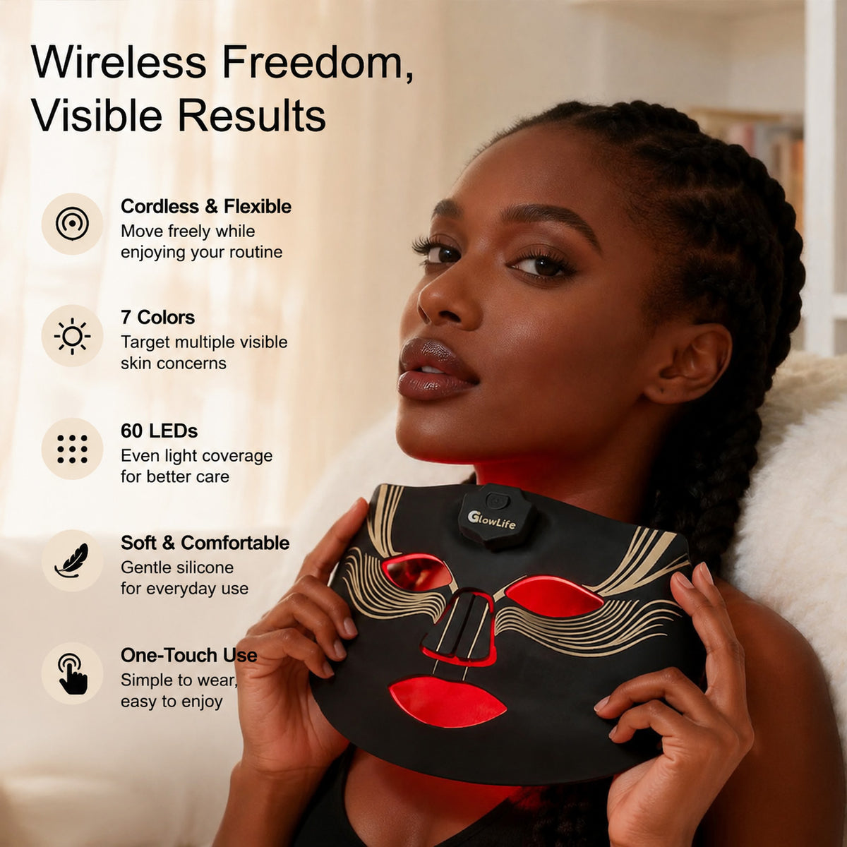 Wireless 7-color light therapy mask with 60 LEDs and one-touch control