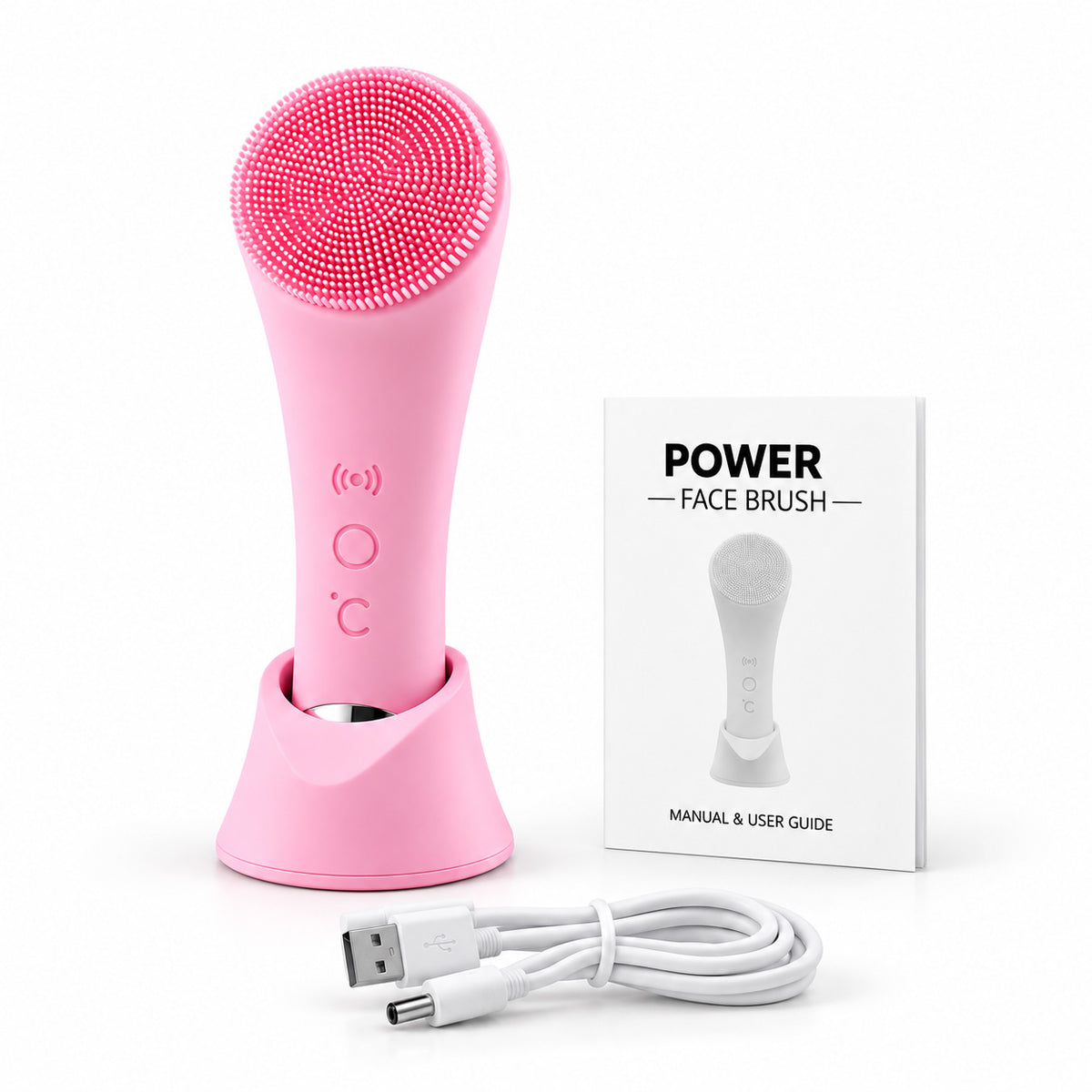 VanqHeal pink electric facial cleansing brush with silicone bristles, stand, USB cable and user manual on a white background.