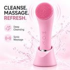 VanqHeal electric facial cleansing brush with silicone bristles and stand, beside deep cleansing and sonic massage icons.