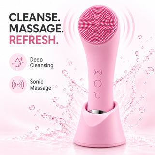 VanqHeal electric facial cleansing brush with silicone bristles and stand, beside deep cleansing and sonic massage icons.