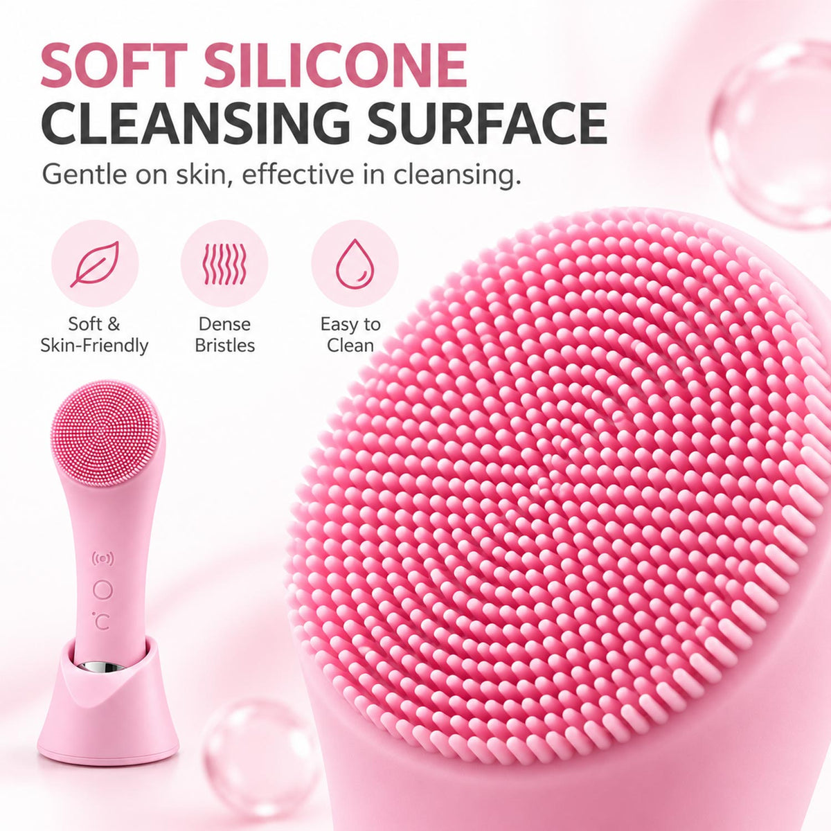 Close-up of the VanqHeal electric facial cleansing brush's dense silicone bristles, with soft-surface and easy-clean labels.