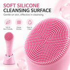 Close-up of the VanqHeal electric facial cleansing brush's dense silicone bristles, with soft-surface and easy-clean labels.