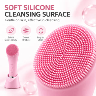 Close-up of the VanqHeal electric facial cleansing brush's dense silicone bristles, with soft-surface and easy-clean labels.