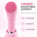 Electric facial cleansing brush graphic showing Cleanse, Massage and Warm Care modes with adjustable intensity.