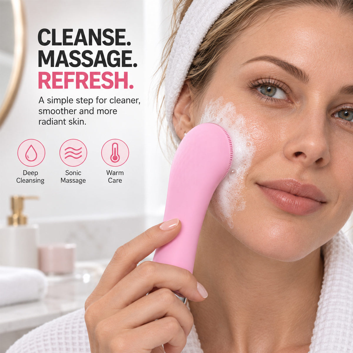 Woman using the pink electric facial cleansing brush on her cheek, with cleanse, massage and warm-care icons.