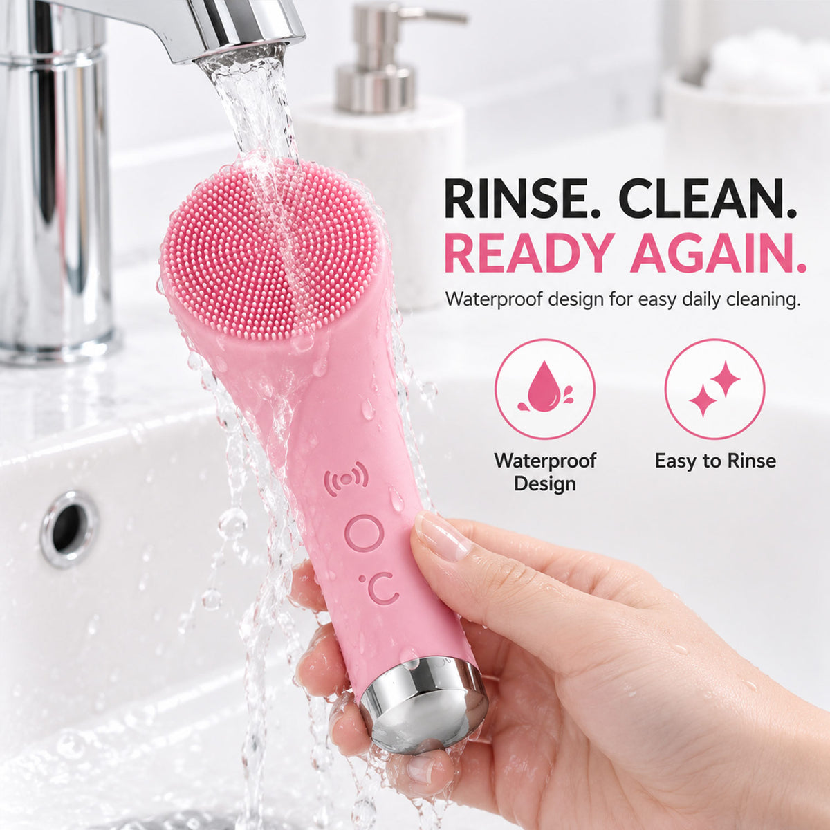 Electric facial cleansing brush rinsed under running water, with waterproof and easy-rinse feature labels.