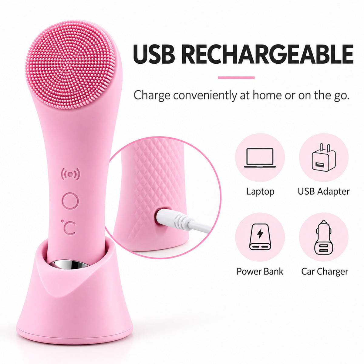 Electric facial cleansing brush with USB cable and charging icons for a laptop, adapter, power bank and car.