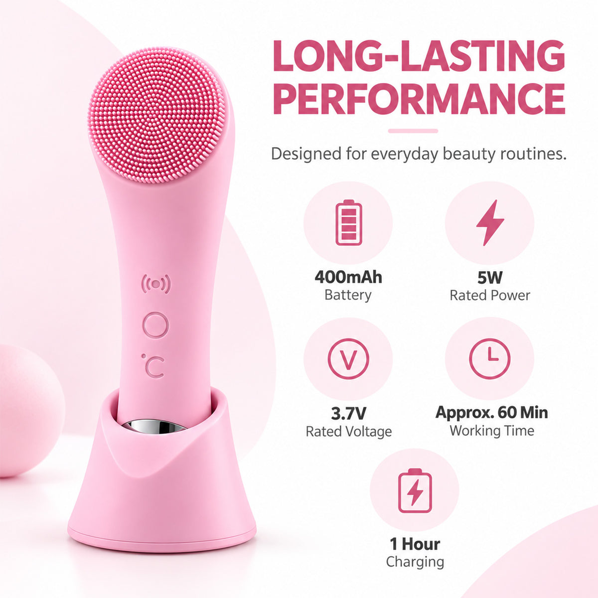 Electric facial cleansing brush specs: 400mAh battery, 5W, 3.7V, 60-minute use and 1-hour charging.