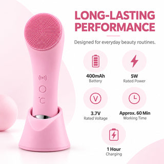 Electric facial cleansing brush specs: 400mAh battery, 5W, 3.7V, 60-minute use and 1-hour charging.
